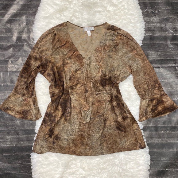 dressbarn Tops - DRESSBARN BOHO BROWN ABSTRACT PRINT BELL SLEEVE Y2K FESTIVAL ROMANTIC